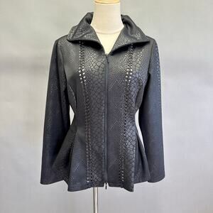 Samuel Dong black laser cut snakeskin print peplum zip up jacket size XS